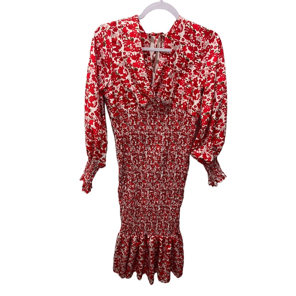 BOUTIQUE RED WHITE & SAGE GREEN DITSY FLORAL V-NECK SMOCKED BODICE DRESS